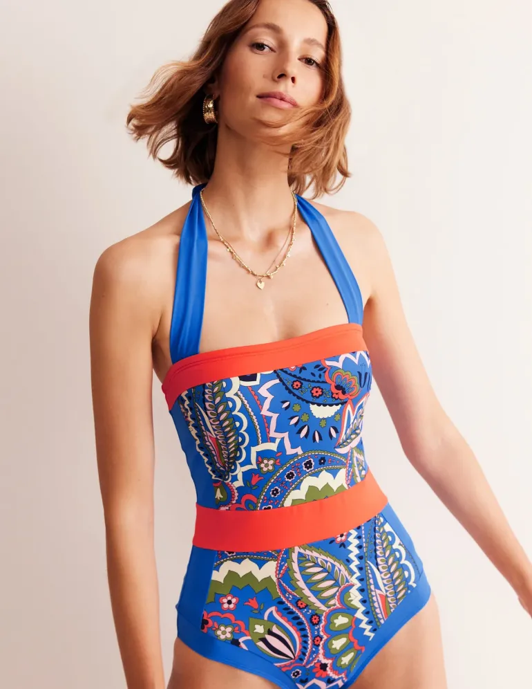 Santorini Halterneck Swimsuit-Blue, Foliage Paisley-Boden Discount
