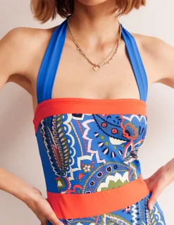 Santorini Halterneck Swimsuit-Blue, Foliage Paisley-Boden Discount