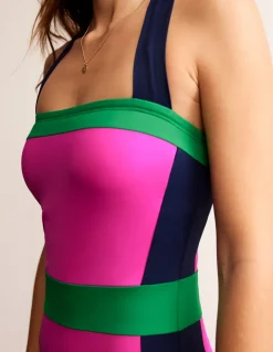 Santorini Halterneck Swimsuit-Super Pink Colourblock-Boden Clearance