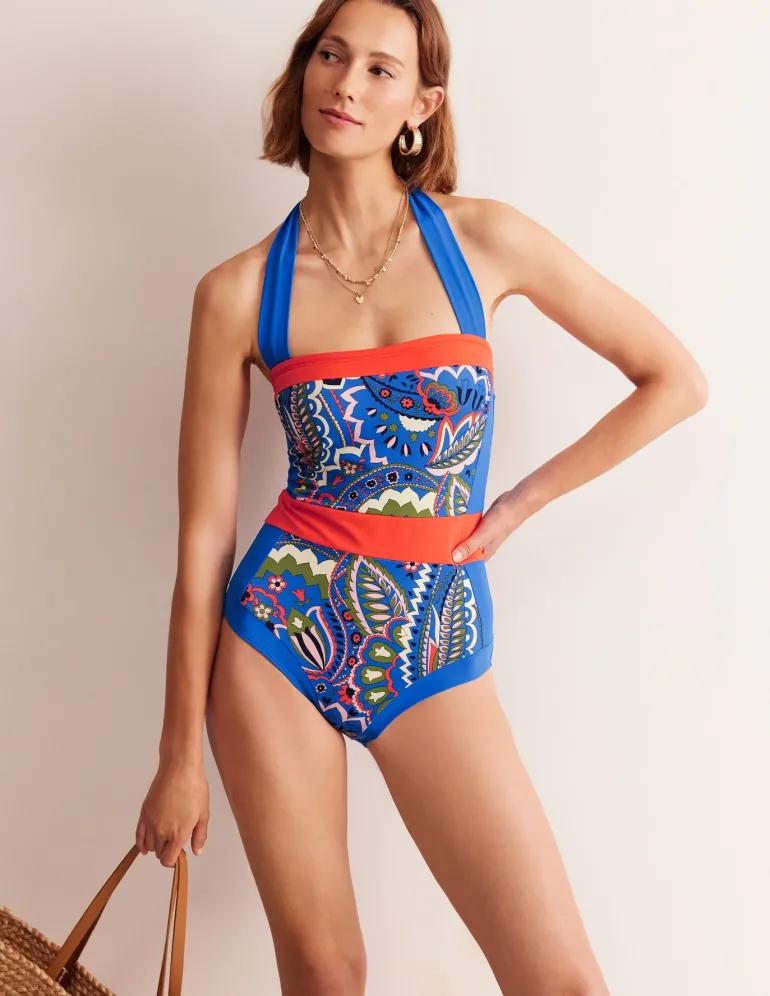 Santorini Halterneck Swimsuit-Blue, Foliage Paisley-Boden Discount