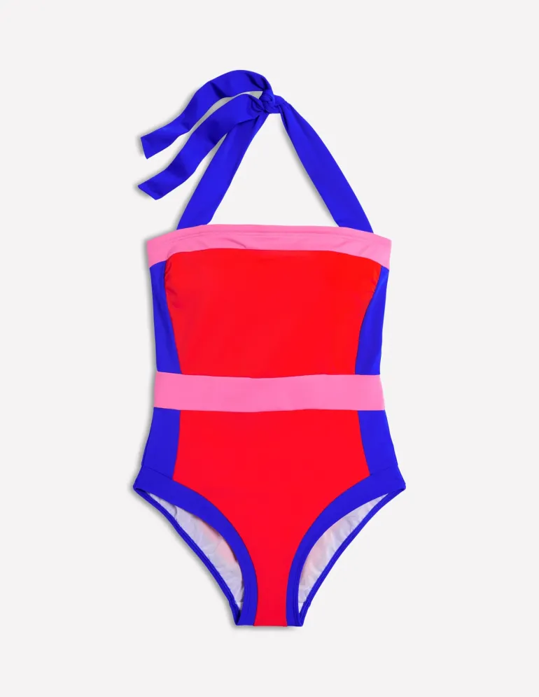 Santorini Halterneck Swimsuit-Fire Red Colourblock-Boden Best