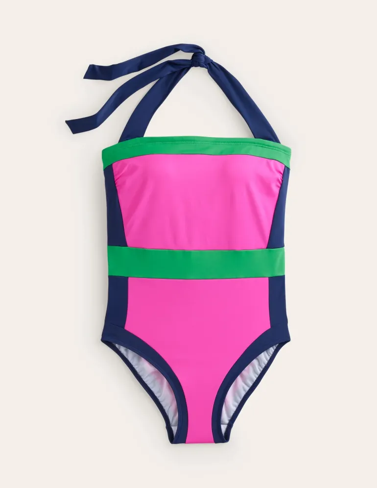Santorini Halterneck Swimsuit-Super Pink Colourblock-Boden Clearance