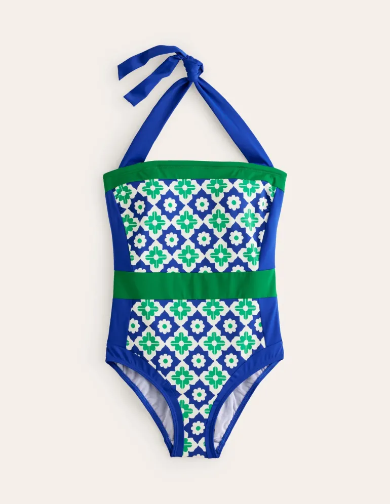 Santorini Halterneck Swimsuit-Surf The Web, Geometric Stamp-Boden Best