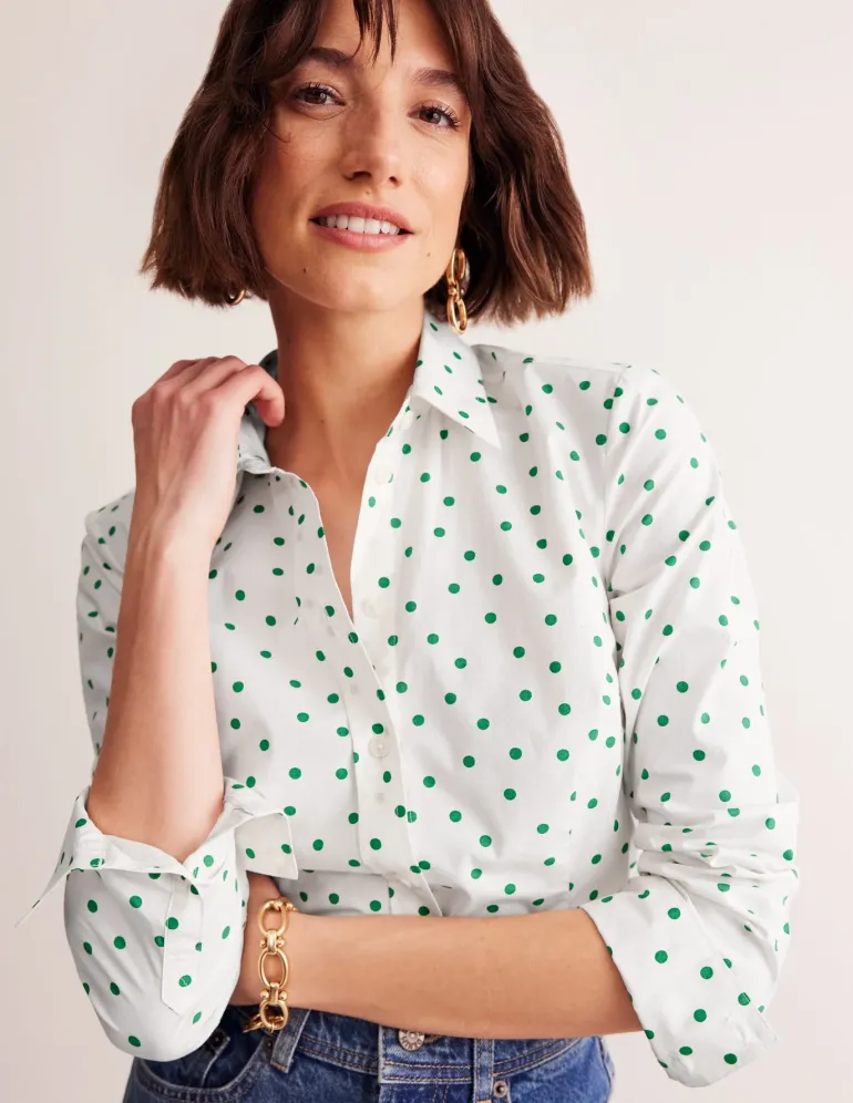 Saskia Stretch Cotton Shirt-Green Tambourine, Sparse Spot-Boden Flash Sale