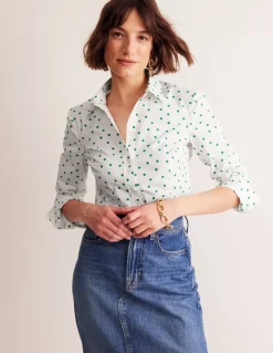 Saskia Stretch Cotton Shirt-Green Tambourine, Sparse Spot-Boden Flash Sale