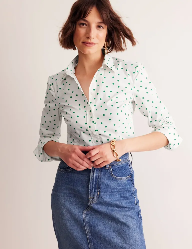 Saskia Stretch Cotton Shirt-Green Tambourine, Sparse Spot-Boden Flash Sale