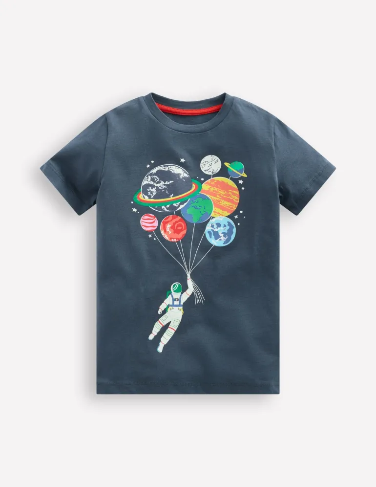 Short Sleeve GITD T-shirt-Robot Blue Spaceman Planets-Boden Shop