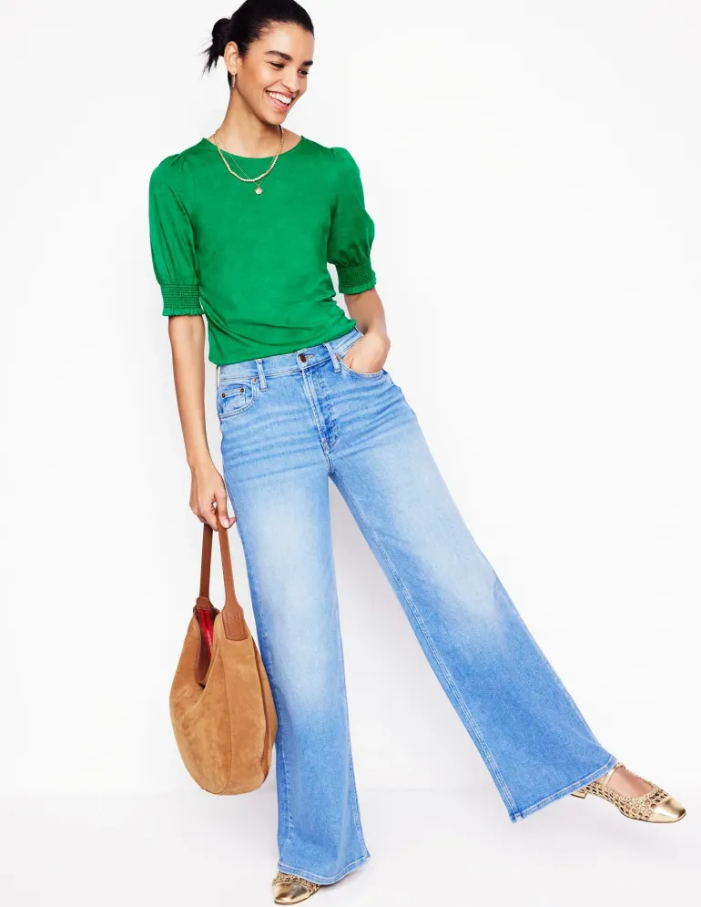 Short Sleeve Smocked Cuff Top-Rich Emerald-Boden Best Sale