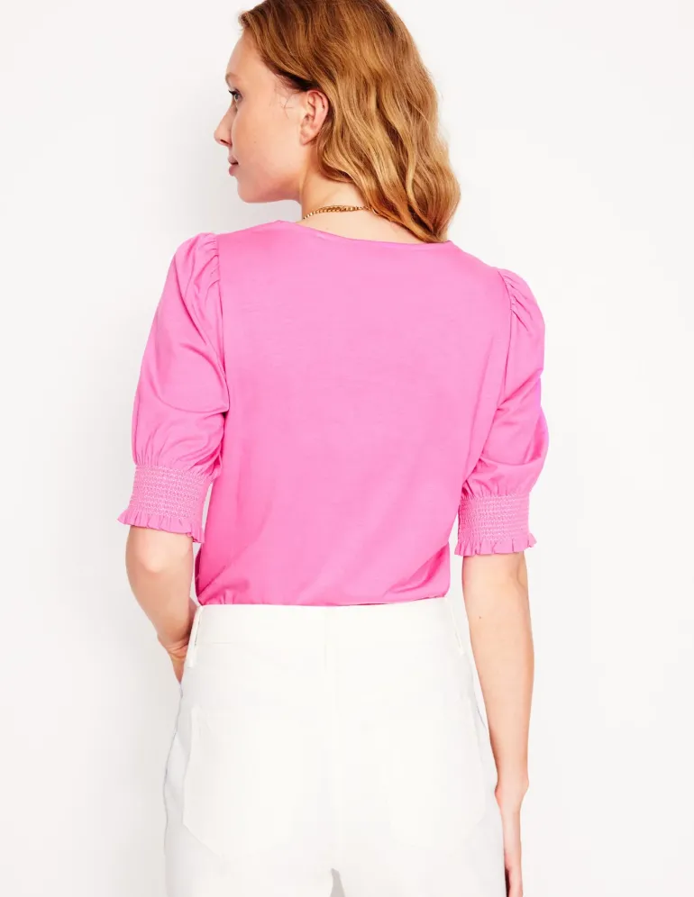 Short Sleeve Smocked Cuff Top-Tickled Pink-Boden Hot