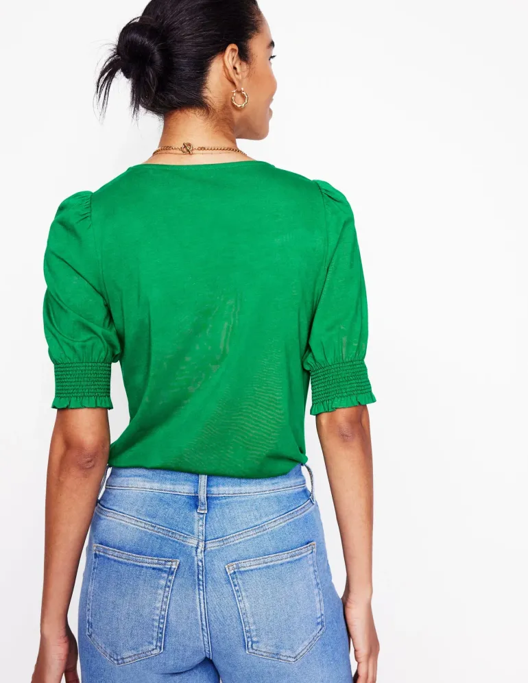 Short Sleeve Smocked Cuff Top-Rich Emerald-Boden Best Sale