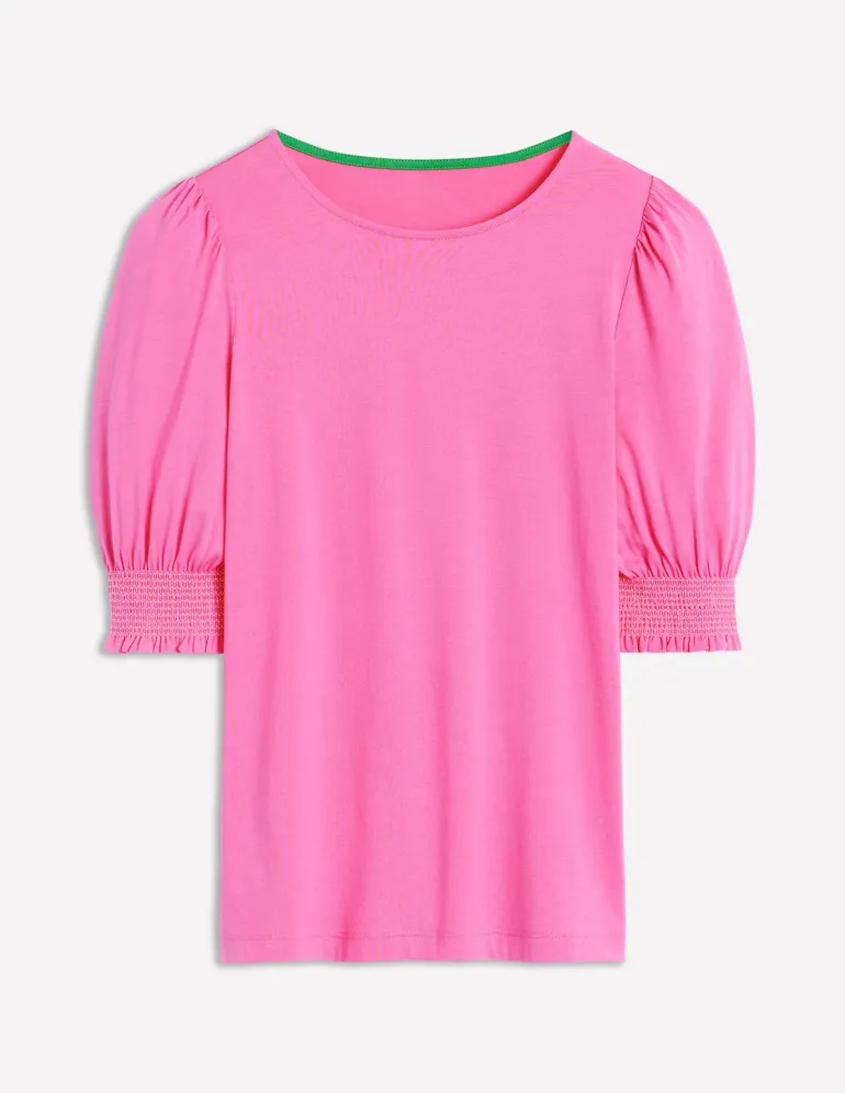 Short Sleeve Smocked Cuff Top-Tickled Pink-Boden Hot