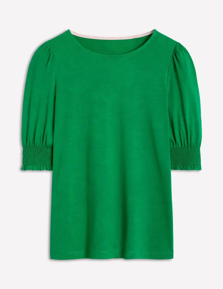 Short Sleeve Smocked Cuff Top-Rich Emerald-Boden Best Sale