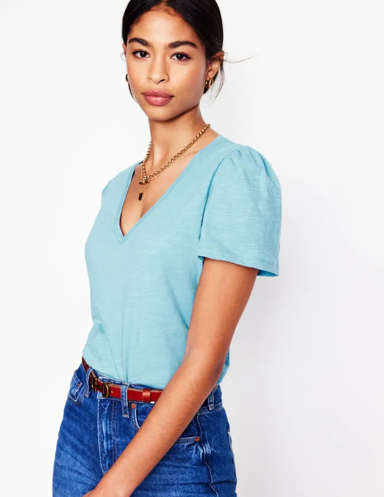 Short Sleeve V Neck T-shirt-Duck Egg Blue-Boden Store