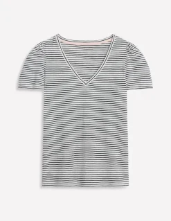 Short Sleeve V Neck T-shirt-Ivory, Navy Stripe-Boden Hot