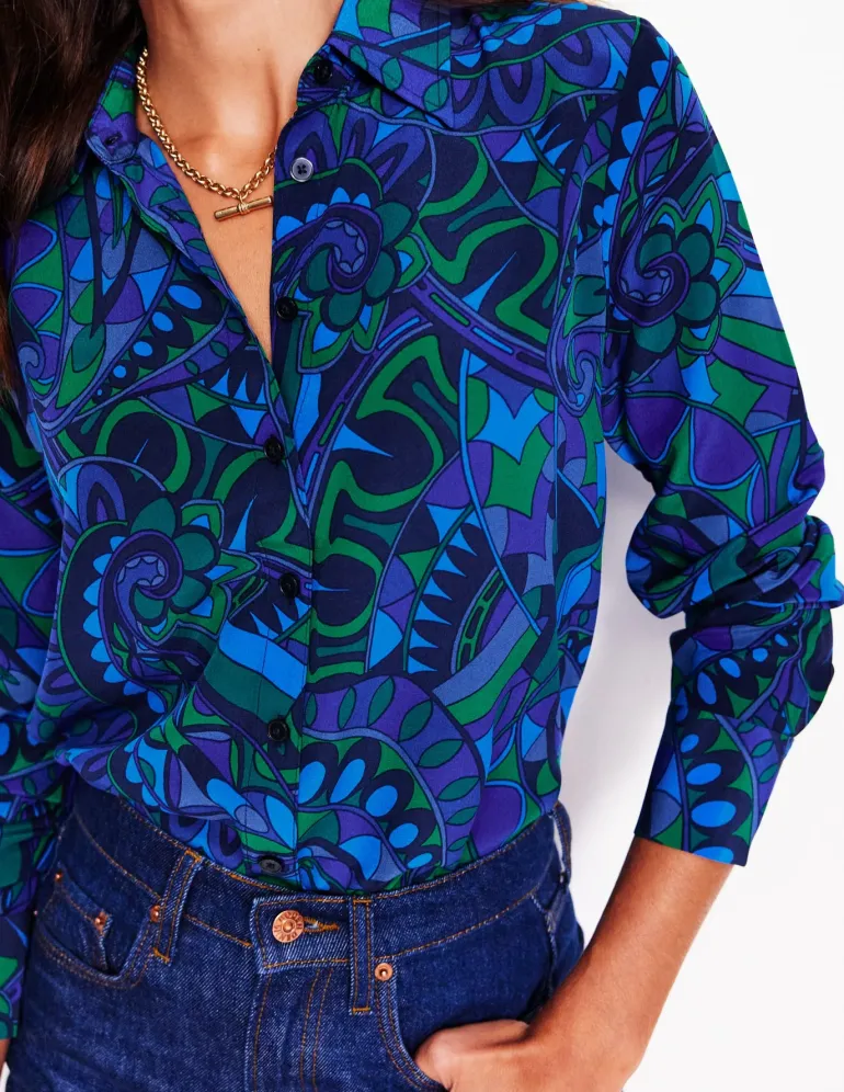 Sienna Silk Shirt-Blue, Kaleidoscopic Paisley-Boden Sale