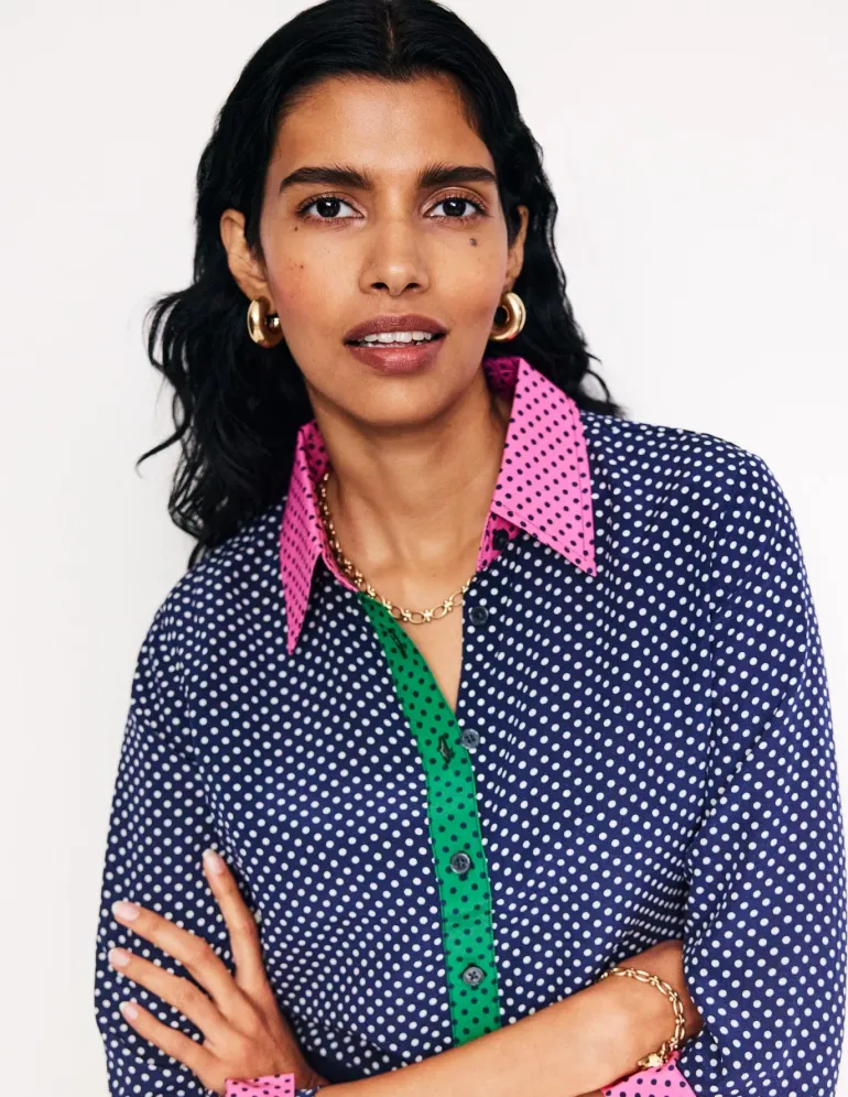 Sienna Silk Shirt-French Navy, Spots-Boden Online