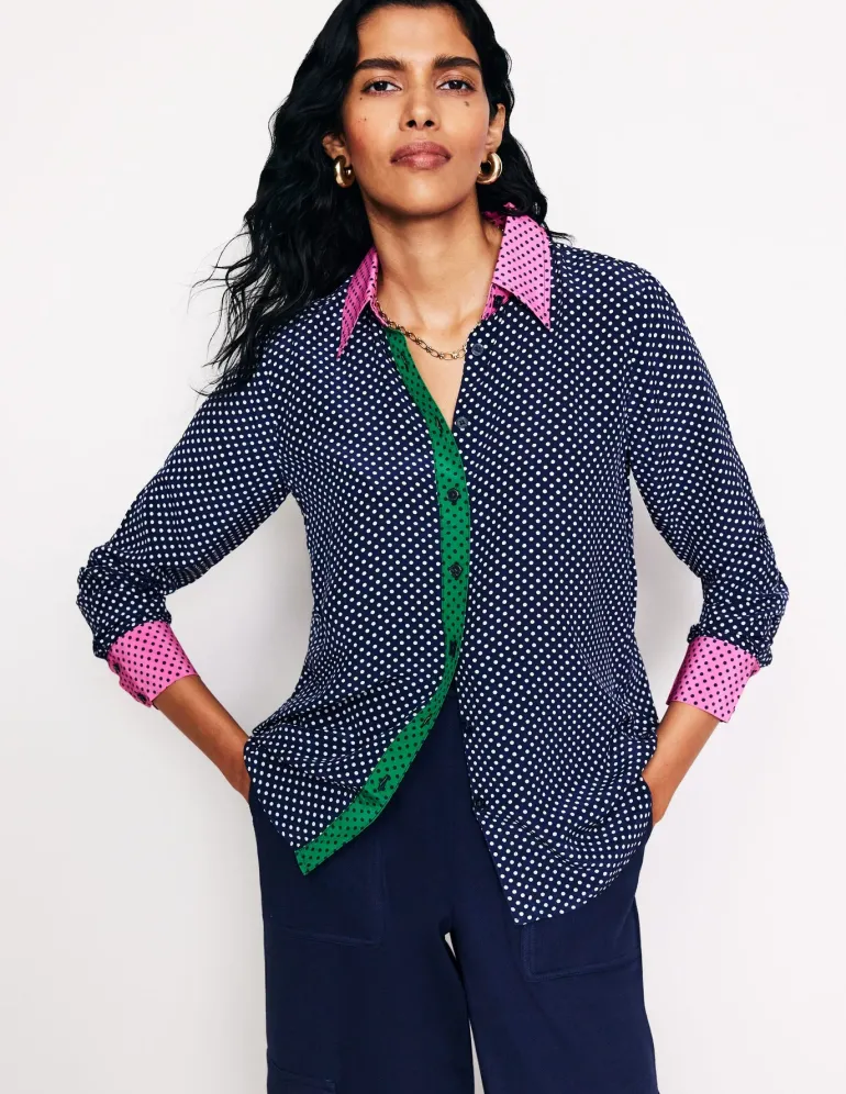 Sienna Silk Shirt-French Navy, Spots-Boden Online
