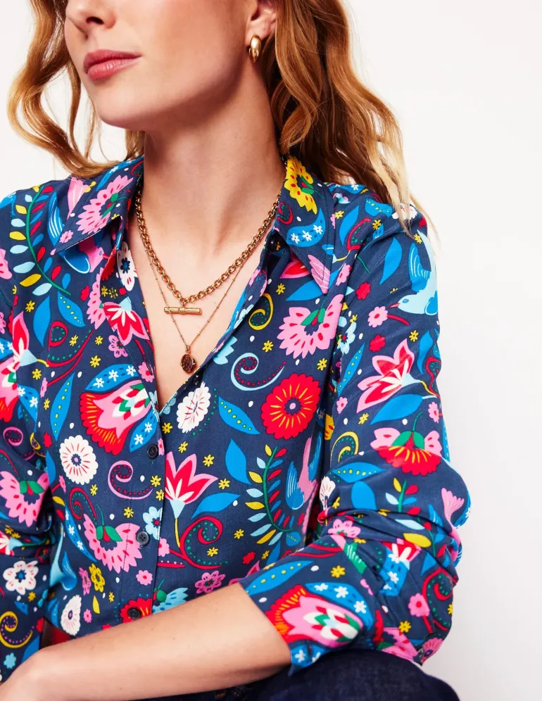 Sienna Silk Shirt-French Navy, Decorative Garden-Boden Fashion
