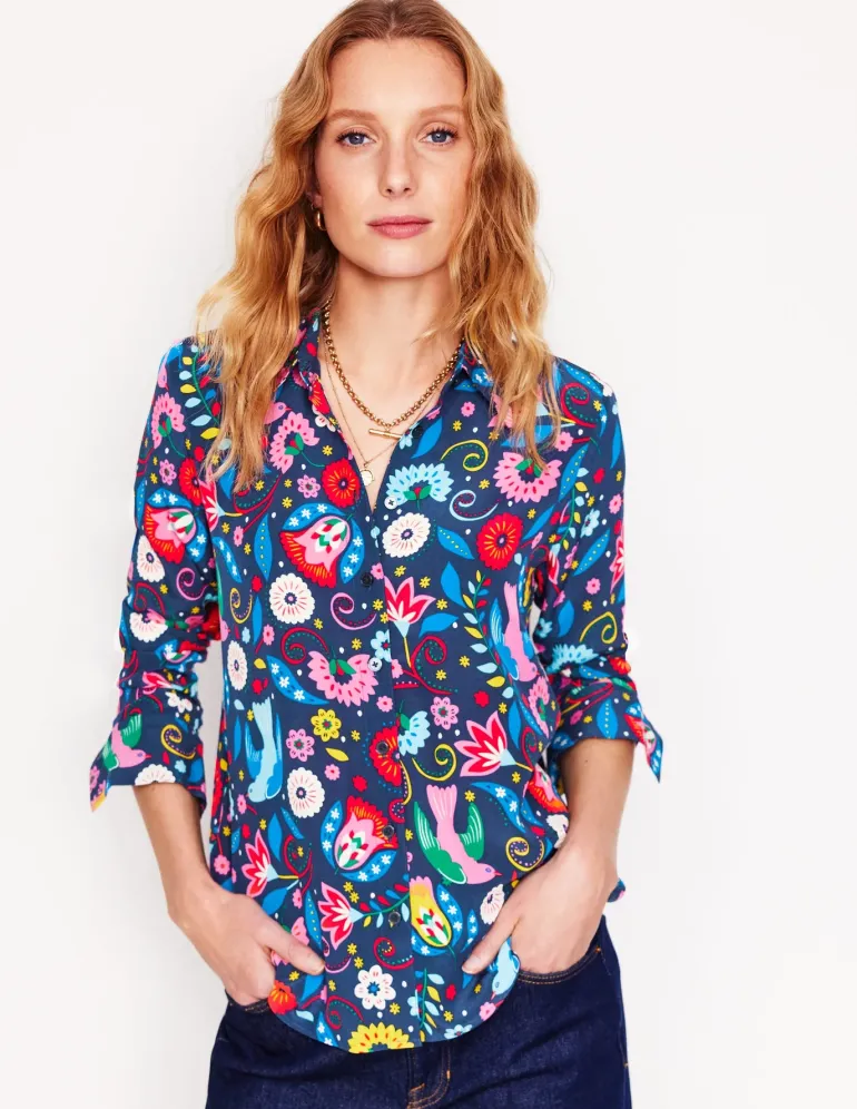 Sienna Silk Shirt-French Navy, Decorative Garden-Boden Fashion