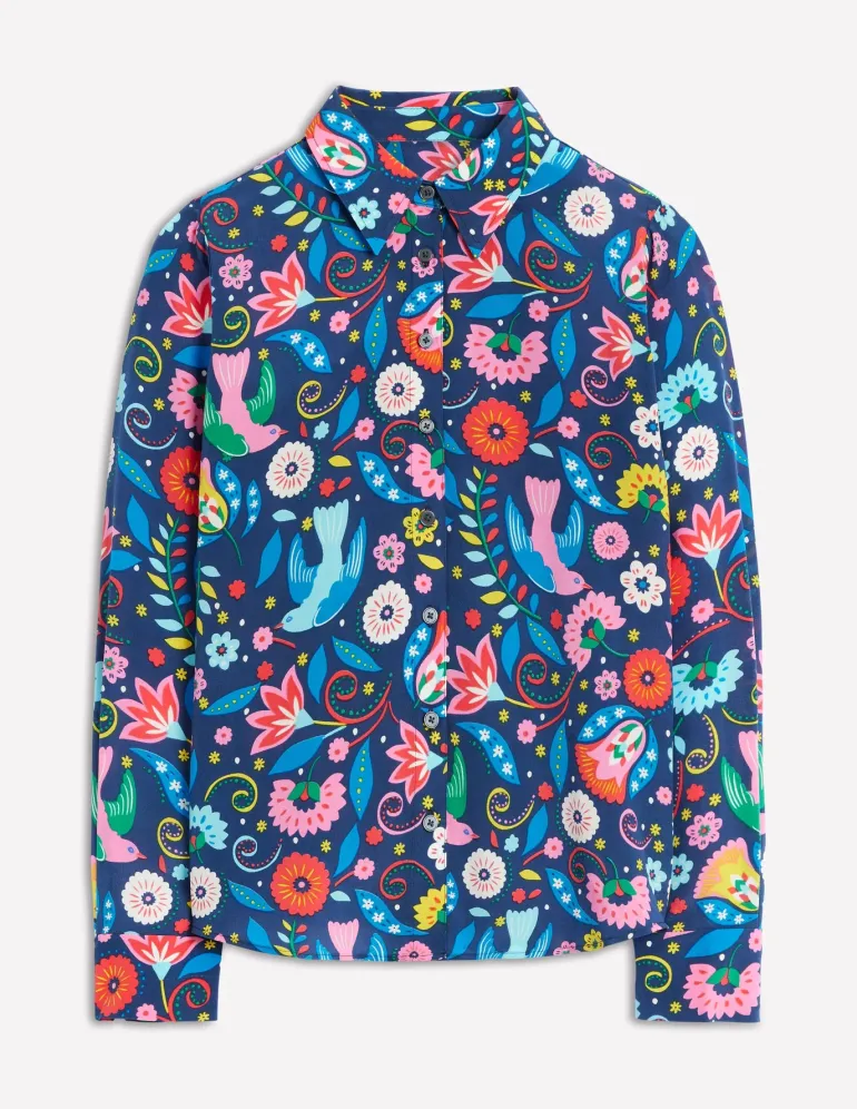Sienna Silk Shirt-French Navy, Decorative Garden-Boden Fashion