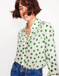 Sienna Silk Shirt-Ivory, Green Abstract Dot-Boden New