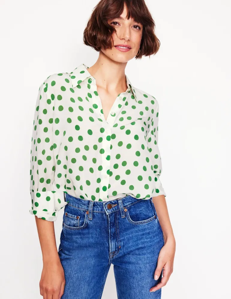 Sienna Silk Shirt-Ivory, Green Abstract Dot-Boden New