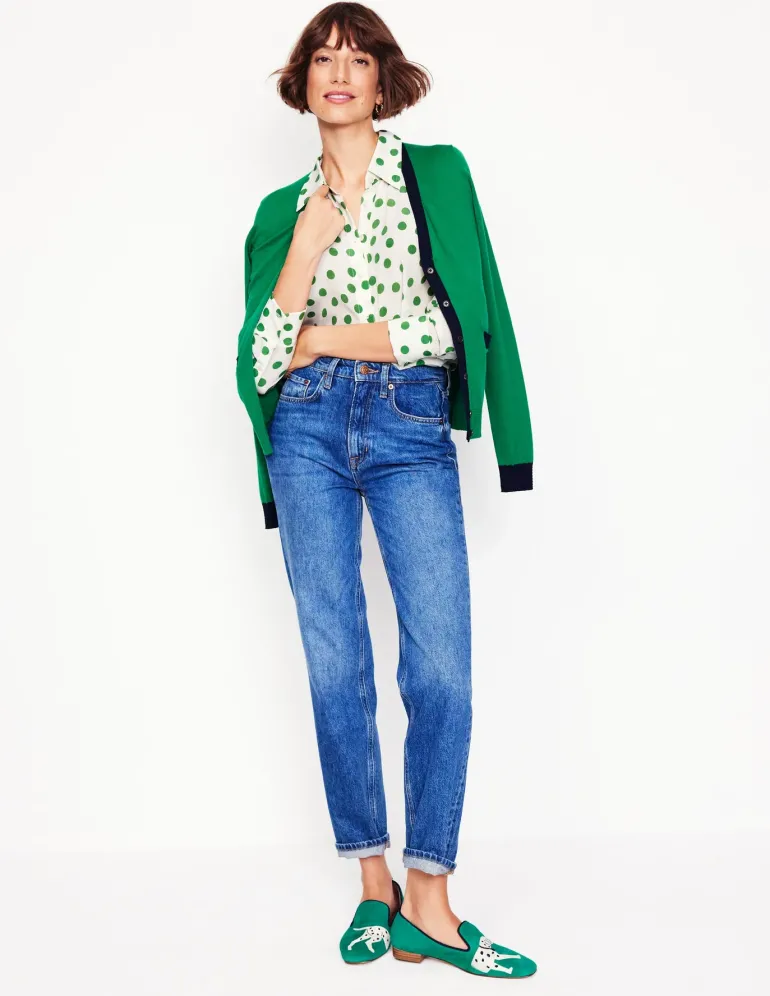Sienna Silk Shirt-Ivory, Green Abstract Dot-Boden New