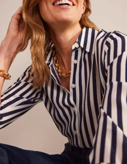 Sienna Silk Shirt-Ivory, Navy Stripe-Boden New