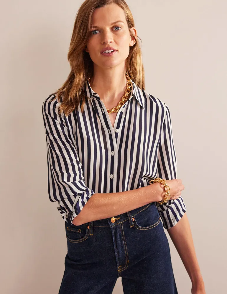 Sienna Silk Shirt-Ivory, Navy Stripe-Boden New