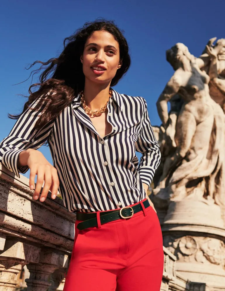 Sienna Silk Shirt-Ivory, Navy Stripe-Boden New
