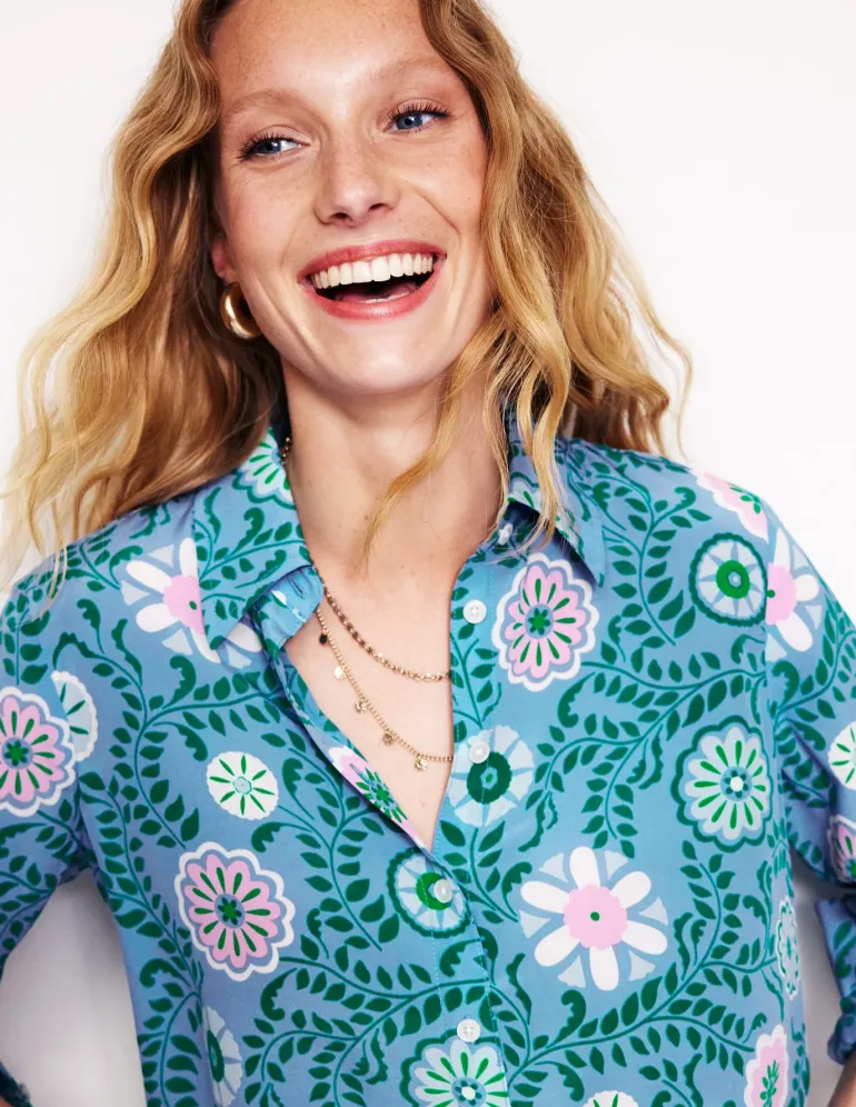 Sienna Silk Shirt-Vintage Blue, Meadow Vine-Boden Sale