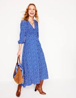Smocked Button Tea Dress-Bright Blue, Abstract Dot-Boden Fashion