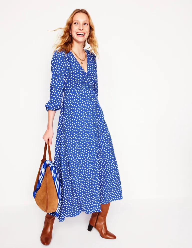 Smocked Button Tea Dress-Bright Blue, Abstract Dot-Boden Fashion
