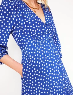 Smocked Button Tea Dress-Bright Blue, Abstract Dot-Boden Fashion