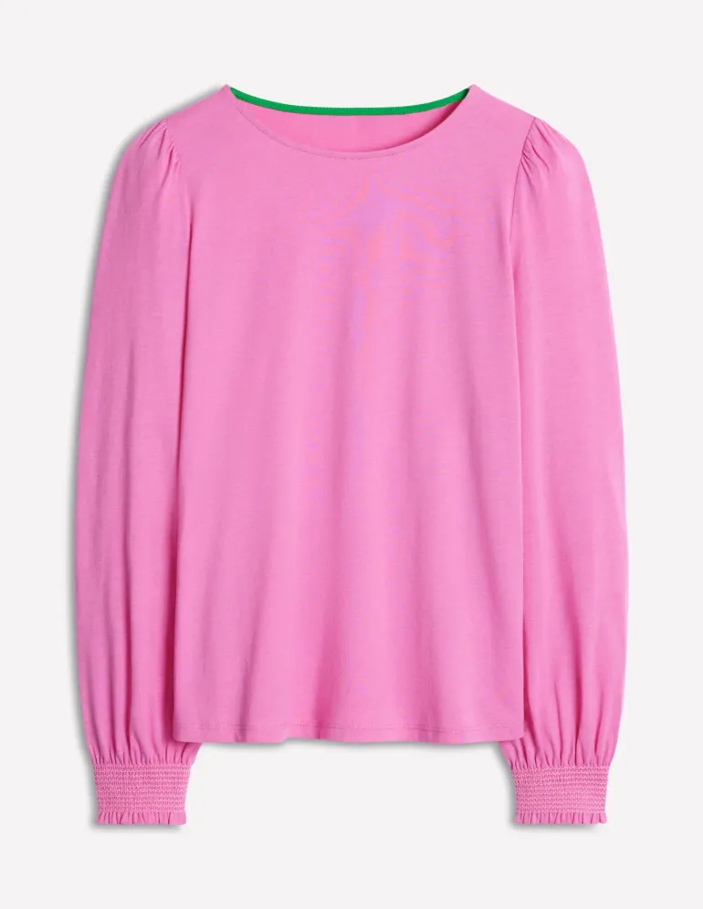 Smocked Cuff Supersoft Top-Tickled Pink-Boden Best
