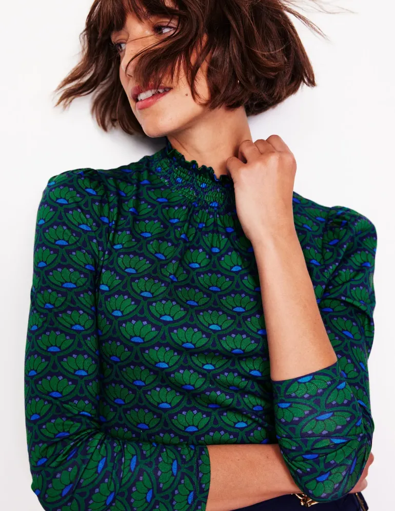 Smocked Neck Printed Top-Emerald, Lotus Stamp-Boden Cheap