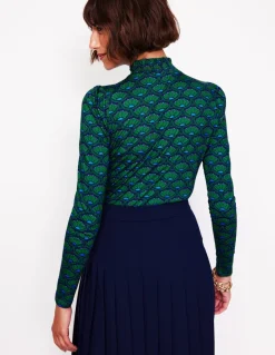 Smocked Neck Printed Top-Emerald, Lotus Stamp-Boden Cheap