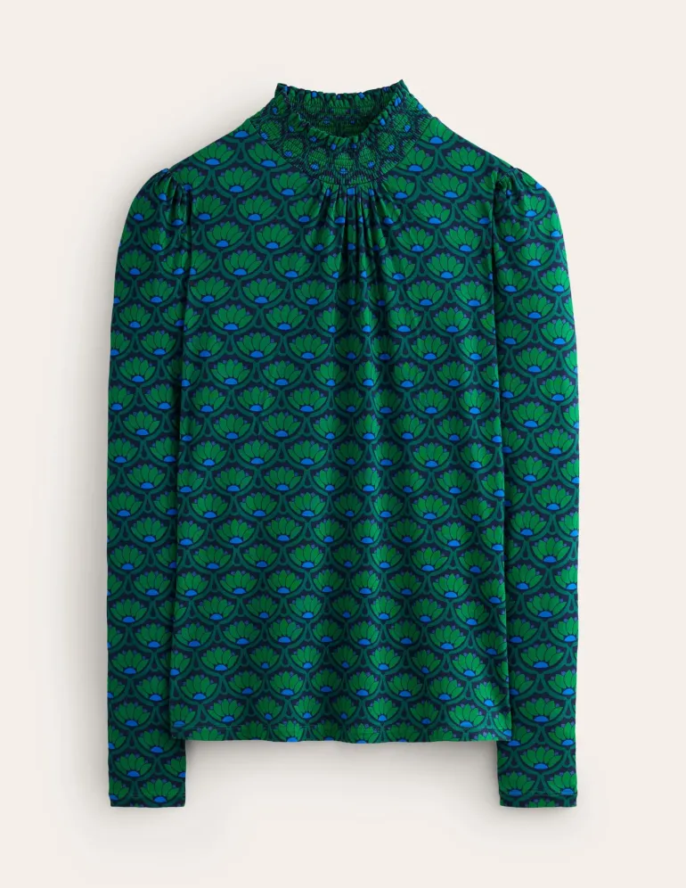 Smocked Neck Printed Top-Emerald, Lotus Stamp-Boden Cheap