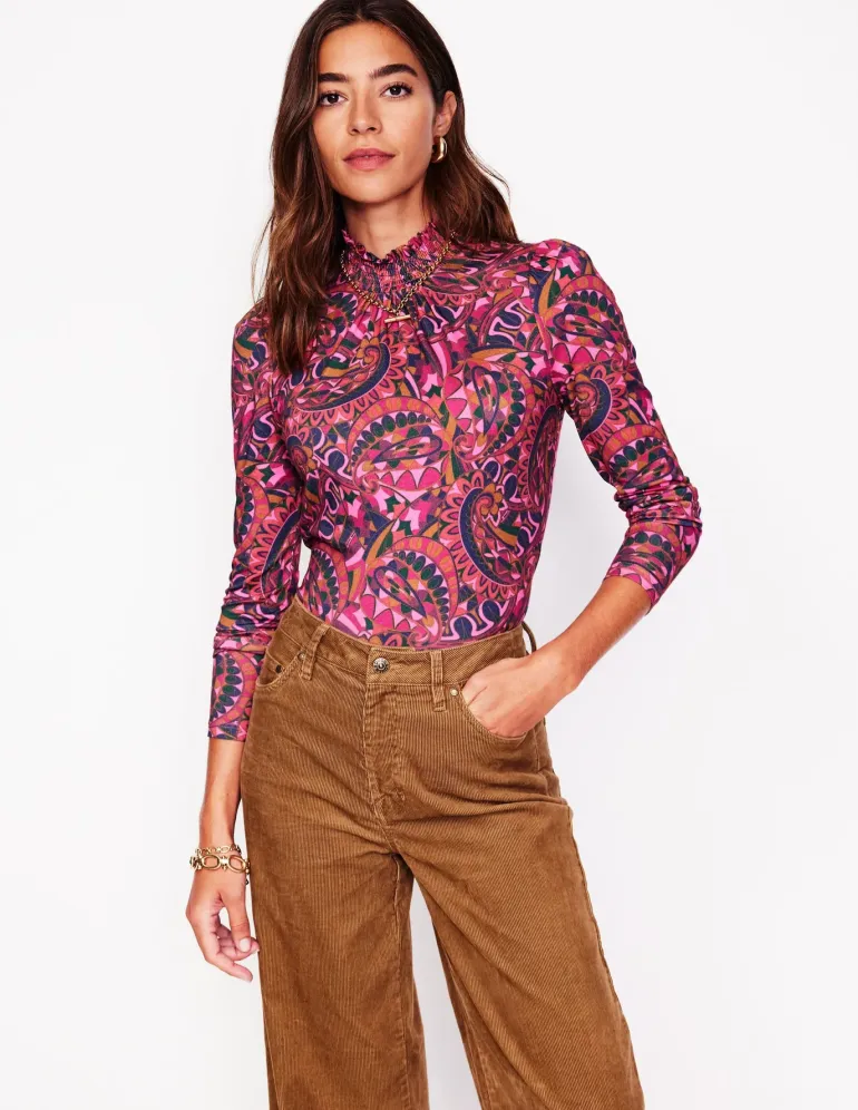 Smocked Neck Printed Top-Jam, Kaleidoscopic Paisley-Boden Sale