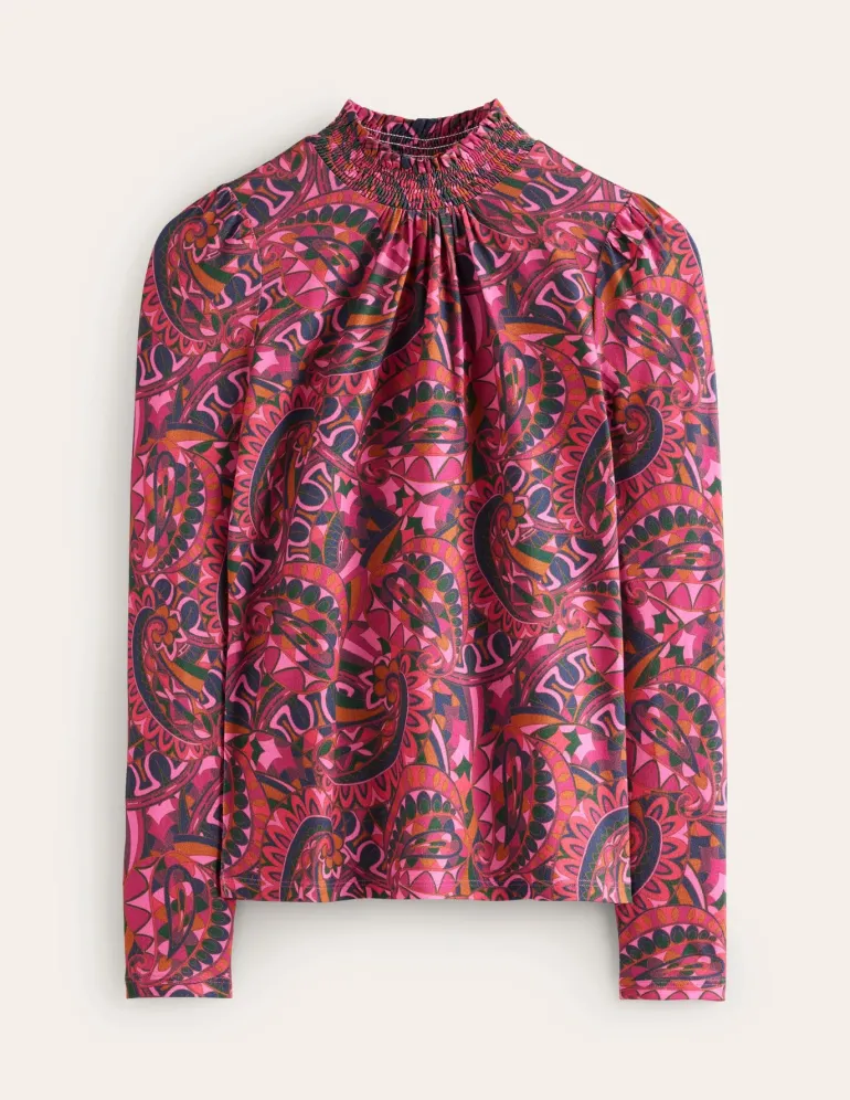 Smocked Neck Printed Top-Jam, Kaleidoscopic Paisley-Boden Sale