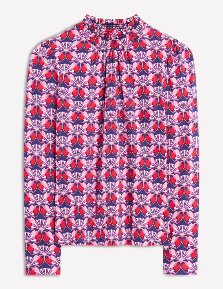 Smocked Neck Printed Top-Poppy Red, Daisy Bloom Geo-Boden Shop