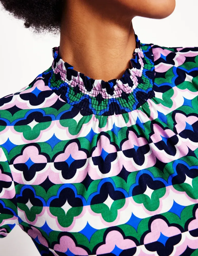 Smocked Neck Printed Top-Rich Emerald, Lucky Clover-Boden Online