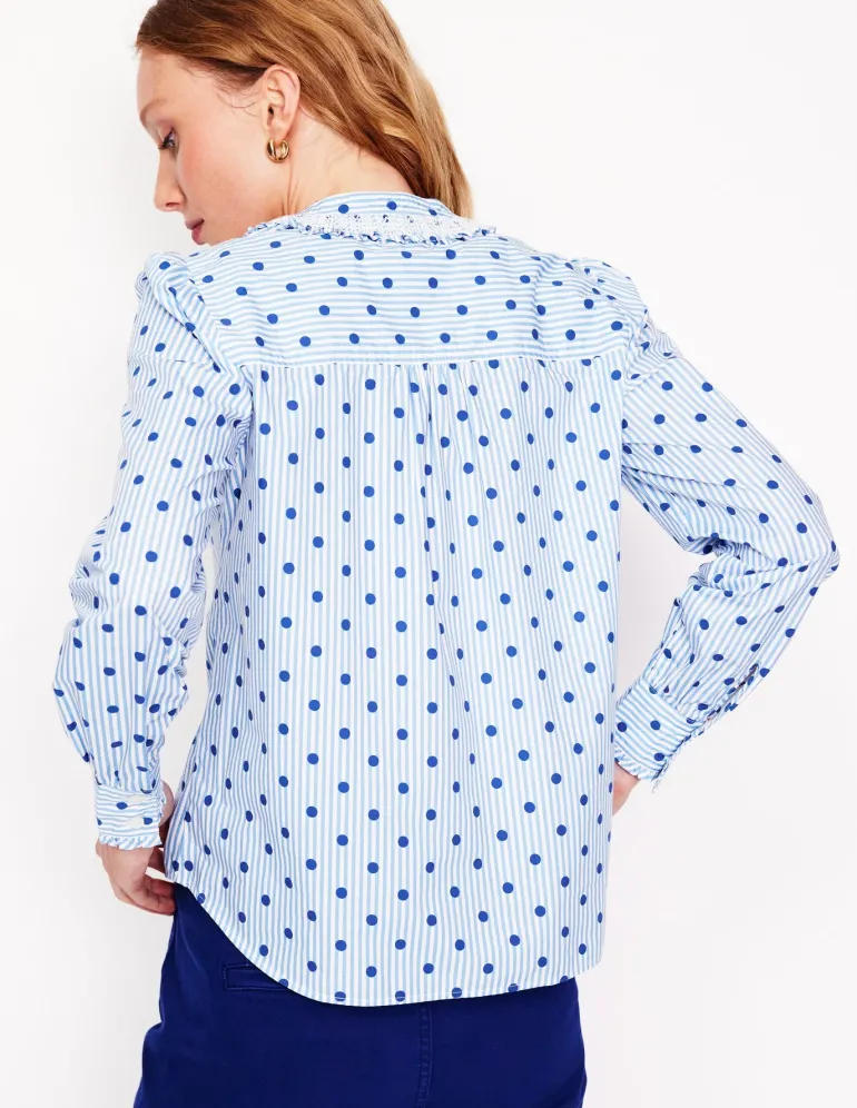 Smocked Neck Shirt-Forget Me Not Blue Fine Stripe-Boden Outlet