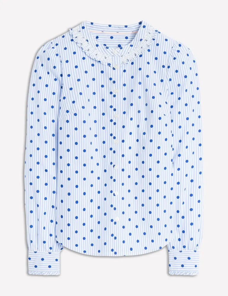 Smocked Neck Shirt-Forget Me Not Blue Fine Stripe-Boden Outlet