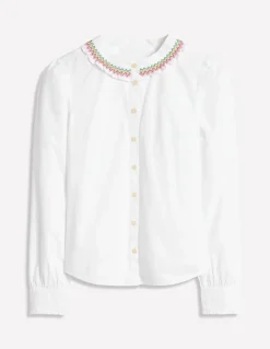 Smocked Neck Shirt-White, Multi Stitching-Boden Sale