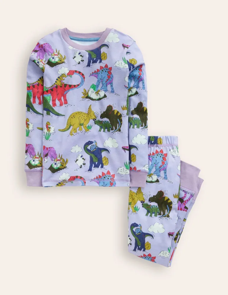 Snug Long John Pajamas-Lilac Dino Family-Boden Flash Sale
