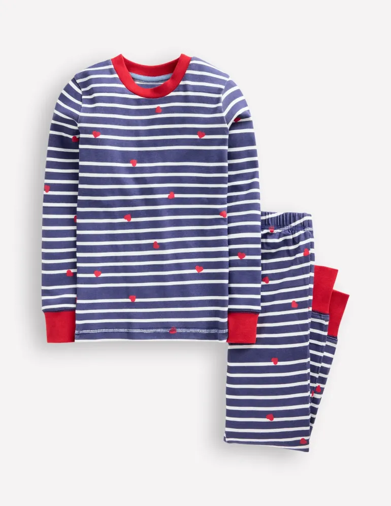 Snug Long John Pajamas-Navy Breton with Tiny Hearts-Boden Store