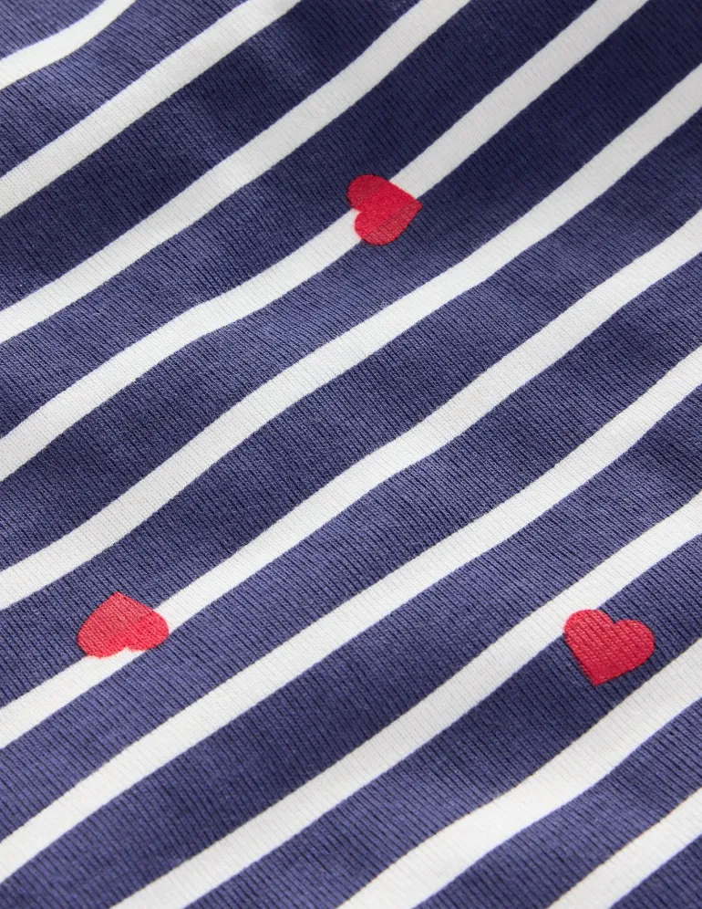 Snug Long John Pajamas-Navy Breton with Tiny Hearts-Boden Store