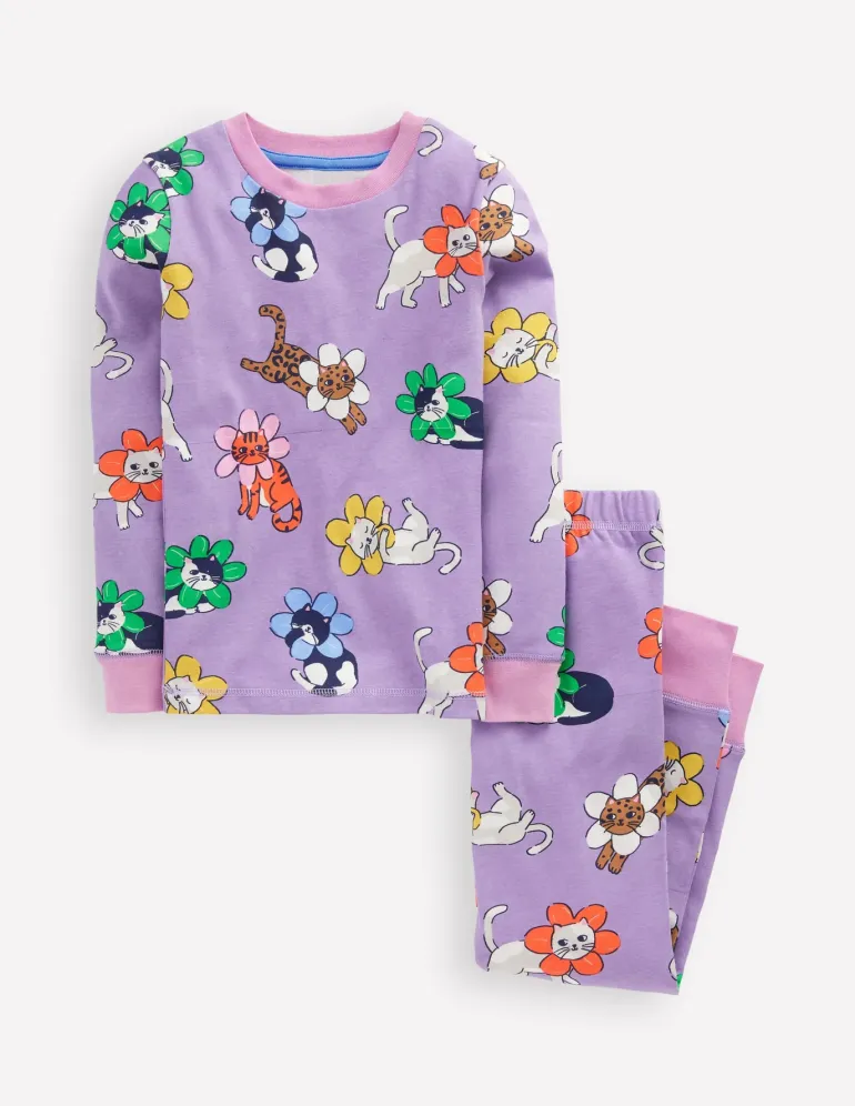 Snug Long John Pyjamas-Aster Purple Flower Cats-Boden Cheap