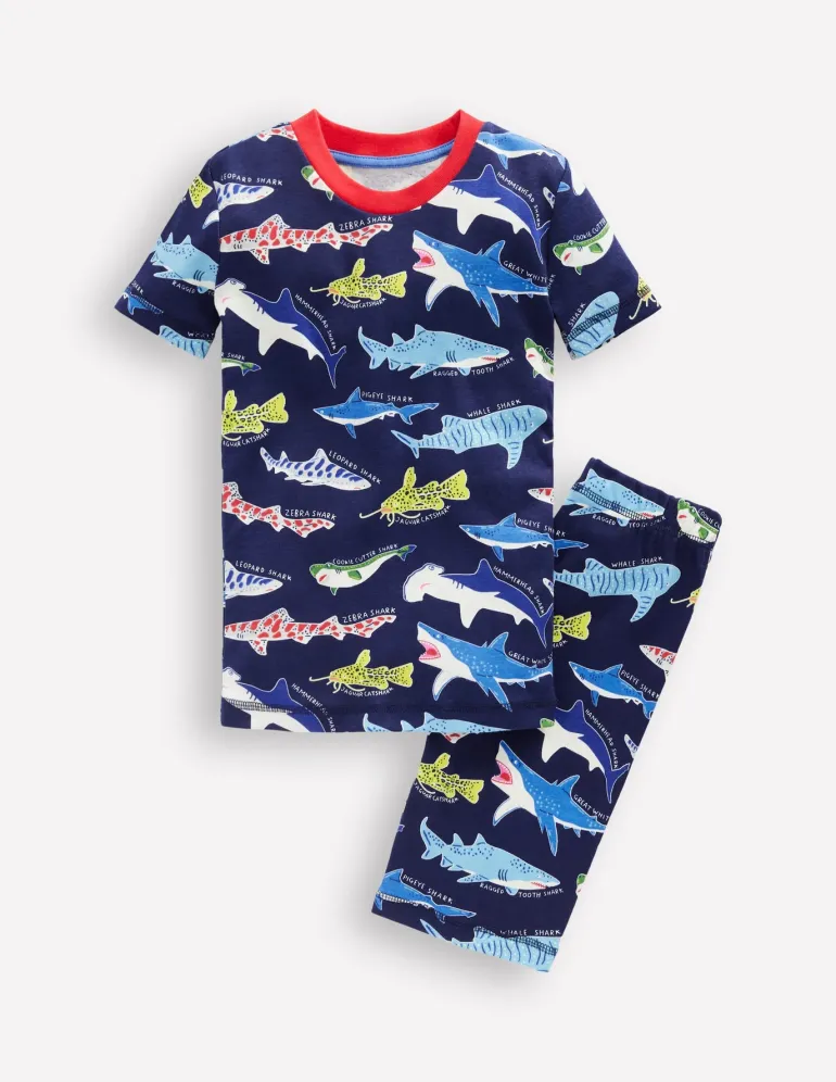 Snug Short John Glow Pyjamas-College Navy Sharks-Boden Fashion